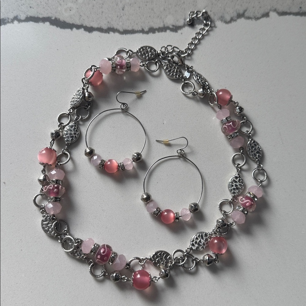 Premier Designs Pink and Silver-Tone Necklace Set
